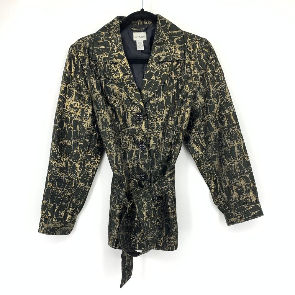 Chicos Belted Jacket Womens Sz 1 US M Black Gold Owl Sketch Graphic Print